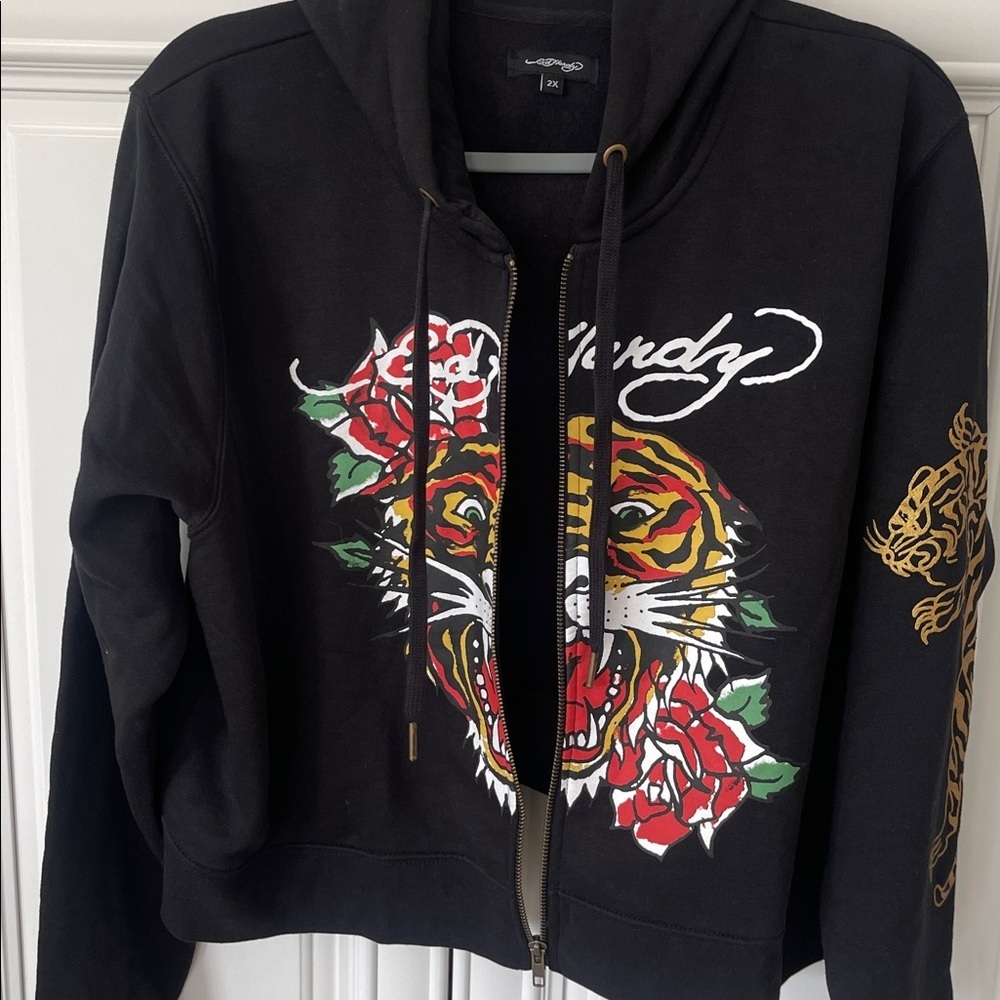 Ed Hardy tiger Women's zip Up cropped Hoodie sweatshirt black size 2X - Picture 3 of 15